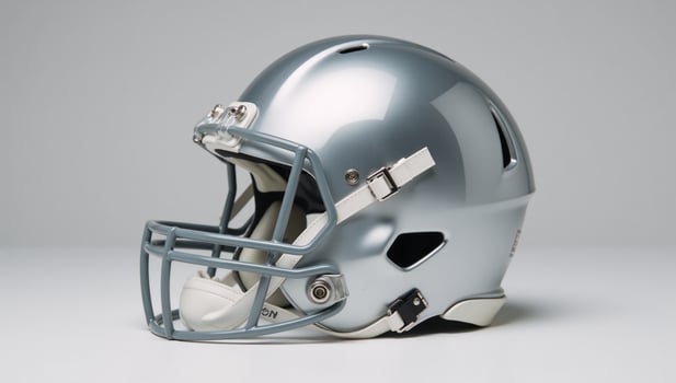 Highangle view Shiny silver football helmet with facemask and white pads photo