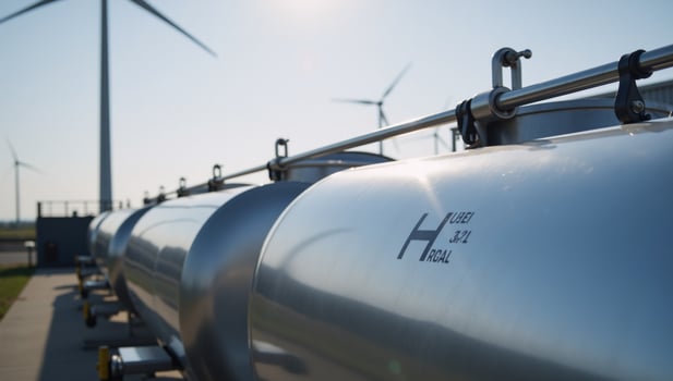 Closeup image of an industrial hydrogen fuel tank amidst a backdrop of a hydrogen power plant signifying progress towards achieving net zero emissions by 2050 photo