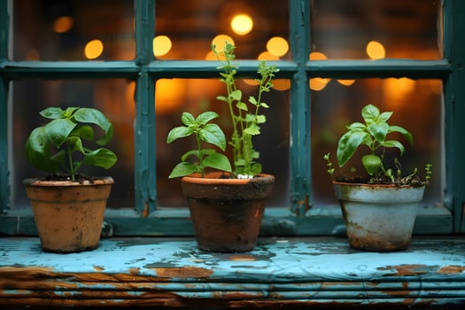Cozy Indoor Herb Garden with Potted Basil Plants by Rustic Window photo