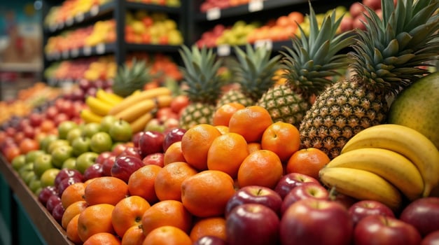Fresh fruit display inside grocery store photo