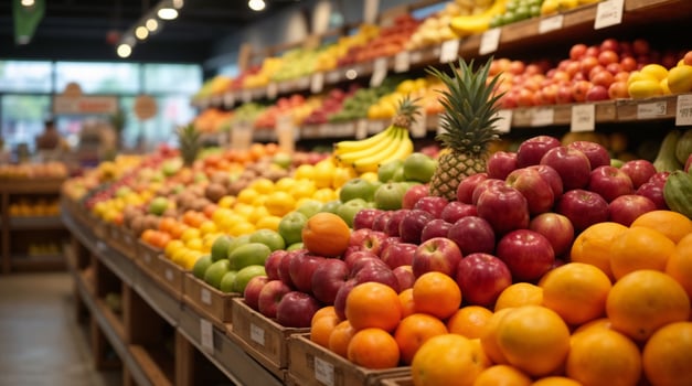 Fresh fruits display at grocery store photo