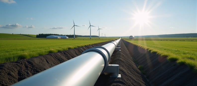 A secure carbonneutral transformation in the energy sector visualized as a 3D rendered hydrogen pipeline connecting solar power plants for clean energy balancing renewables with reduced reliance on photo