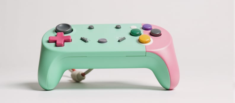 Retrostyled game controller with colorful pastel greenpink case is depicted on a clean white backdrop photo