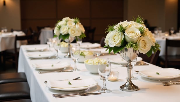 Preparations needed for a wedding reception at a restaurant with suitable table settings and decorations photo