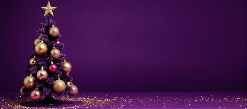 A Christmas tree decorated with gold ornaments adorns a purple backdrop complete with a shimmering gold star atop photo