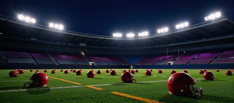 Neonlit football field adorned with multiple helmets and soccer balls photo