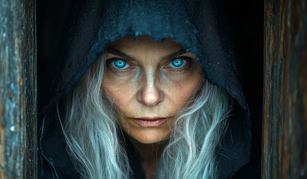 A woman with blue eyes and long hair is wearing a hooded sweatshirt. She has a pale, ghostly appearance. Old witch photo