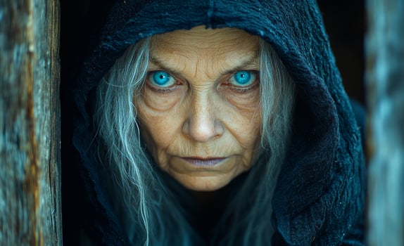 A woman with blue eyes and gray hair is wearing a black hooded sweatshirt. She looks very scary and is staring at the camera. Old witch photo