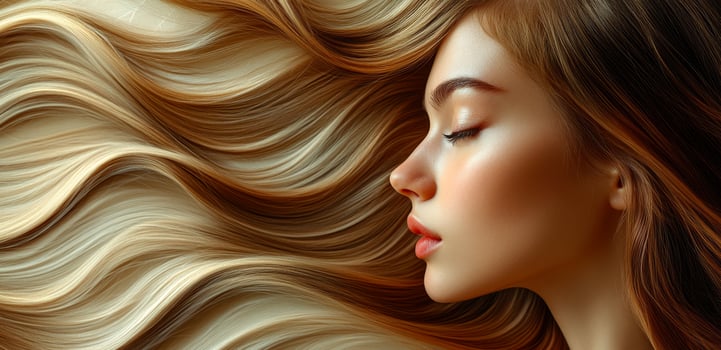 A woman with long blonde hair and red lips. The hair is styled in a way that it looks like it is flowing photo