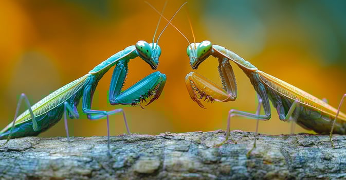 Two mantis insects are standing on a branch, one is blue and the other is orange. They are both facing each other, as if they are about to fight photo