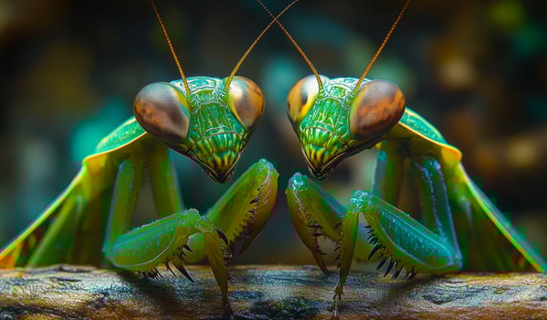 Two green insects with brown markings on their heads. The insects are facing each other photo