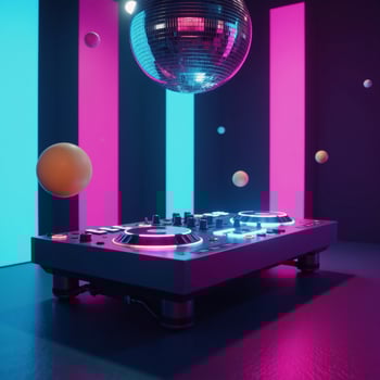 Neonlit dance floor under vibrant skies with hovering planets Nightclub Atmosphere photo