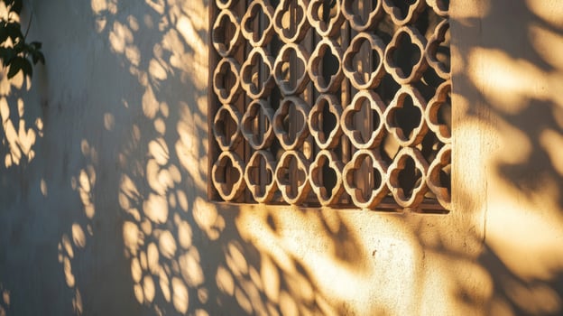 Ornate Stone Window with Sunlit Leaf Shadows on a Wall photo