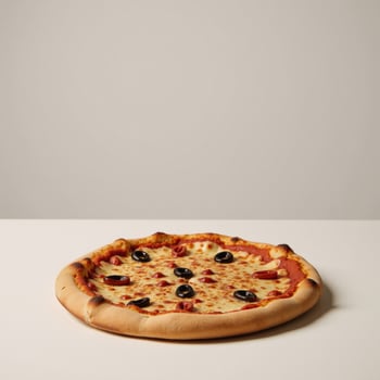 Isolated top view of a baked pizza against plain backdrop photo