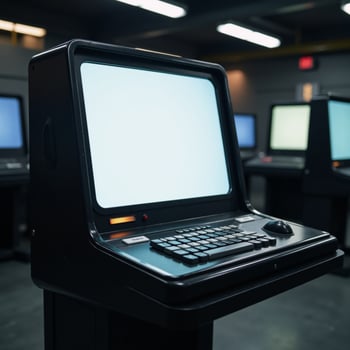 A retrofuturistic scifi computer terminal awaits interaction on a blank screen within a game design setting photo