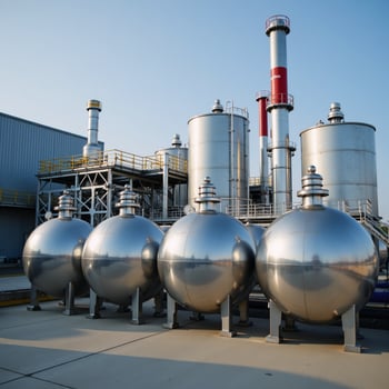 A detailed 3D rendering featuring liquefied gas storage spheres and production equipment in a chemical factory or plant within the broader context of the chemicals industry BVC ASME Reservoirs photo