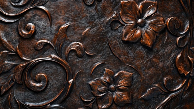 Intricate Carved Floral Design on Dark Wood photo