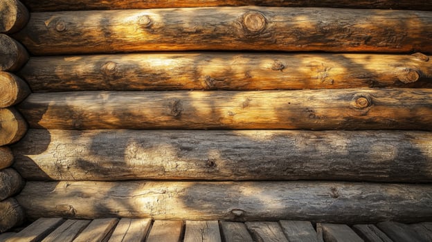 Sunlit Log Cabin Wall with Shadowed Planks photo