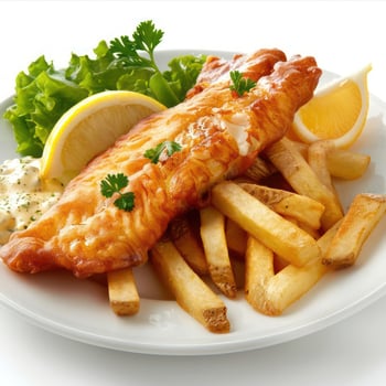 a fish and chips on a plate with a lemon wedge photo