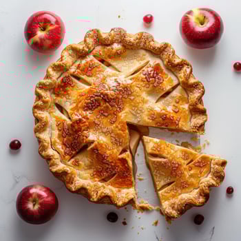 a pie with a slice missing from it and apples around it photo