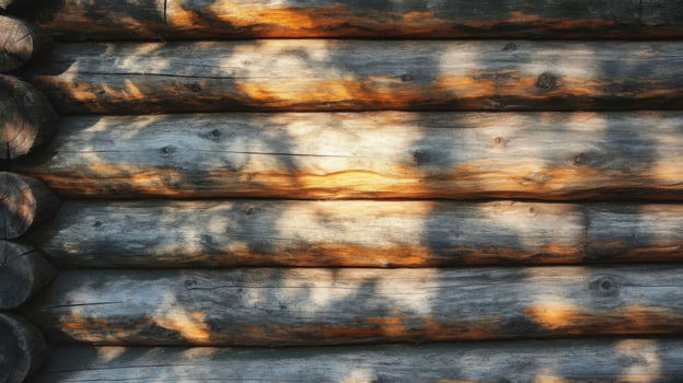 Close-up of weathered wooden logs with dappled sunlight and shadows photo