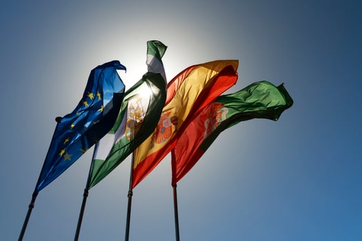 Four flags waving in the wind on a sunny day photo