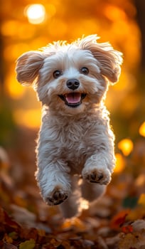A white dog is running through a field of leaves. The dog is happy and energetic, and the leaves are falling around it. The scene is lively and playful, with the dog enjoying its time outdoors photo