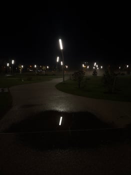 night park, night walk, streetlights, illuminated path, wet pavement, reflections, urban park, night photography, city lights, moody, atmospheric, serene, peaceful, nighttime, cityscape, urban landsca photo