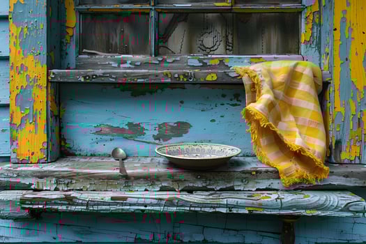 Rustic Charm Weathered Wooden Window with Vibrant Yellow Cloth and Vintage Dishware photo