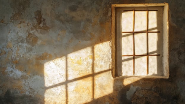 A Window with Bars Casting a Shadow on a Weathered Wall photo