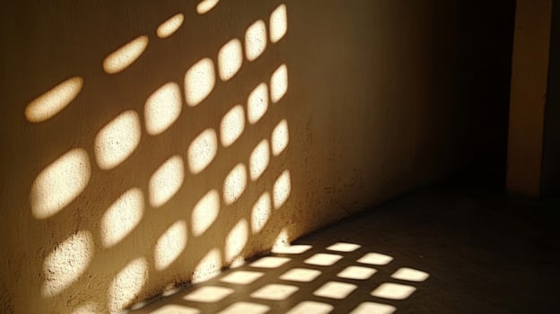 A grid-shaped pattern of light cast on a wall and floor photo