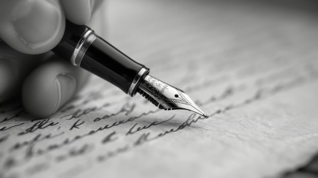 A vintagestyle black and white image of a hand writing with a classic fountain pen on a piece of parchment paper photo