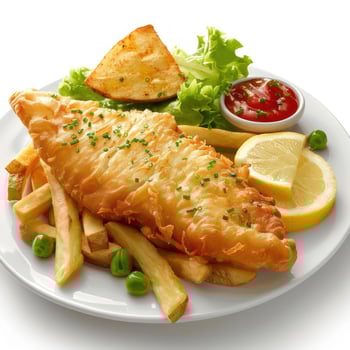 a fish and chips on a plate with a side of vegetables photo