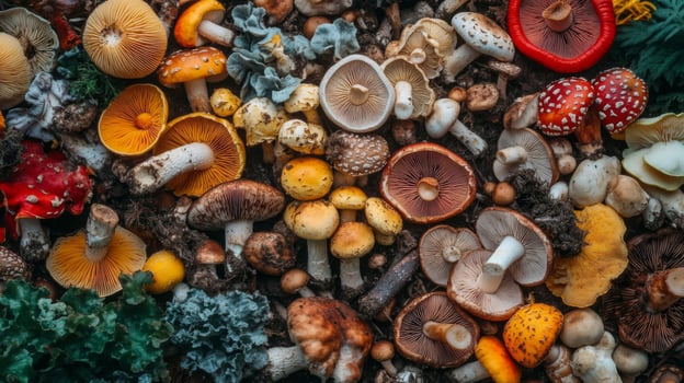 A Colorful Assortment of Wild Mushrooms Growing on the Forest Floor photo