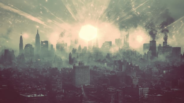 A Cityscape with Smoke and a Bright Sun in a Hazy Sky photo