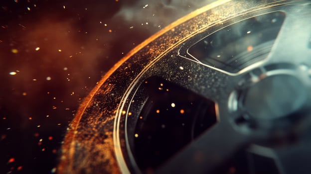 Close-up of a Vintage Film Reel with Glowing Particles photo