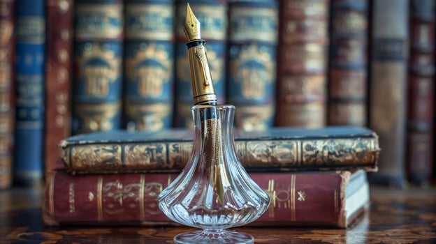 A vintage fountain pen with an intricately engraved brass barrel standing upright in a vintage glass pen holder on a desktop tered with old books photo