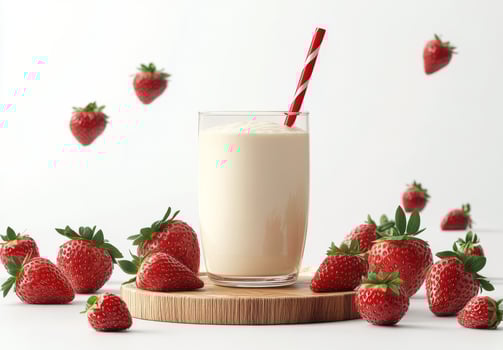 Delicious creamy milkshake topped with fresh strawberries and a straw on a wooden platform photo
