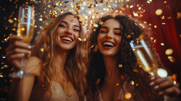 Two joyful friends celebrate with champagne and confetti at a vibrant party atmosphere photo
