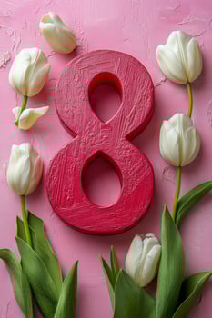 Beautiful arrangement of white tulips with a bright red number eight on a pink background photo
