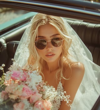 Elegant bride and groom in classic car on their wedding day with vintage style photo