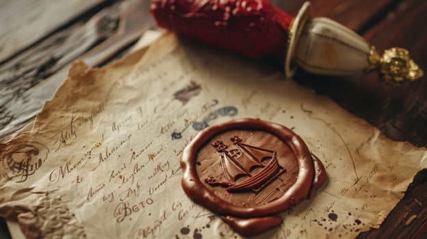 A lavish invitation sealed with a wax emblem of a sailing ship and a crown inviting the elite to a grand ball at a prestigious country estate photo