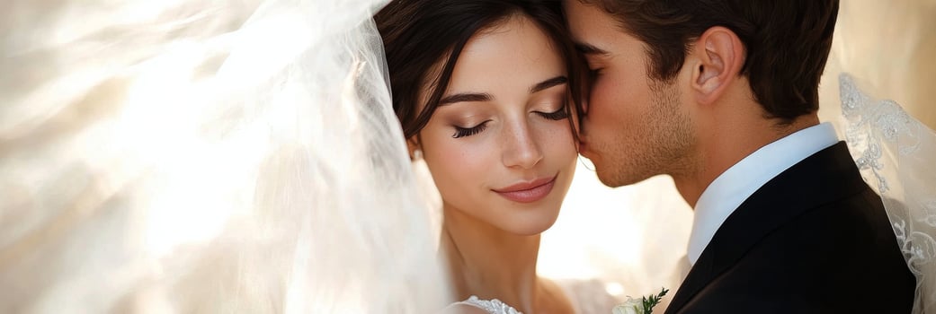 Intimate moment between a bride and groom captured during their wedding ceremony outdoors photo
