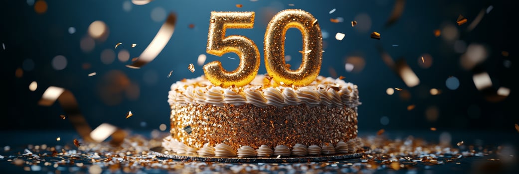 Celebrating a milestone birthday with a golden 50 cake surrounded by festive decorations photo