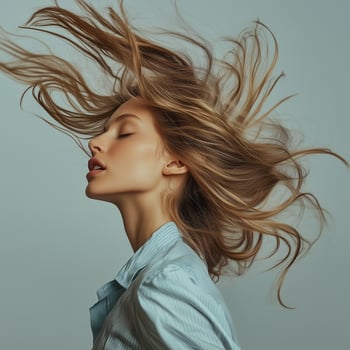 Portrait of a woman with flowing blonde hair, eyes closed, capturing a moment of graceful motion. The soft lighting emphasizes her delicate features and dynamic movement. photo
