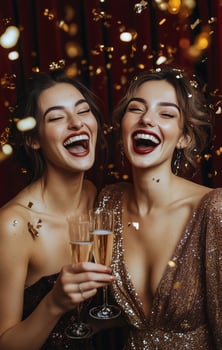 Two joyful friends celebrate at a festive party with champagne and confetti in the evening photo