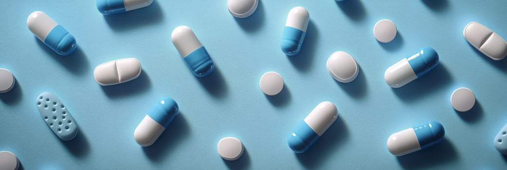 Colorful capsules scattered on a blue surface depicting a medical theme photo