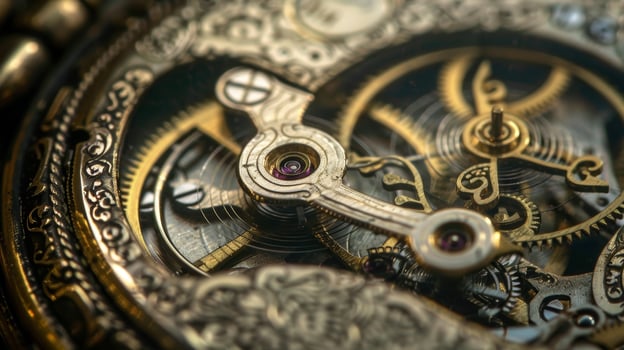 A faded photograph capturing the delicate and ornate hands of an antique pocket watch showcasing the artistry of its mechanics photo