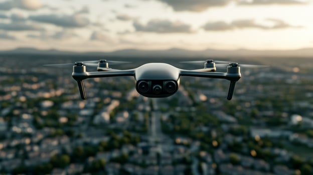 Mapping drone flying over an urban area capturing 3D data of city streets and buildings its wide lens scanning every detail below for construction planning photo