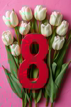 Beautiful arrangement of white tulips with a bright red number eight on a pink background photo